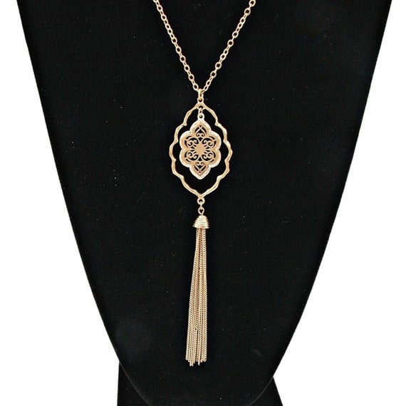 Oh So Fancy Detailed Long Tassle Necklace Gold Si… - image 1