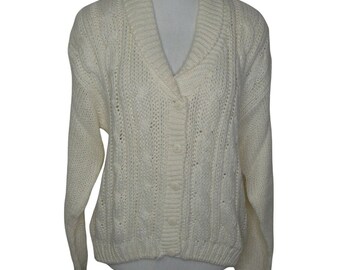 Vintage Allison Brittney Button Up Cardigan Sweater Ivory Shoulder Pads Sz Large