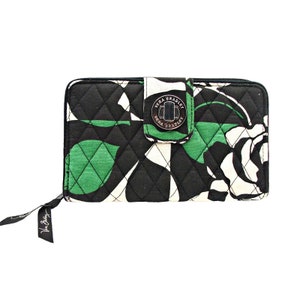 Vera Bradley Turn Lock Wallet Imperial Rose Quilt Black Green RFID Full Zip 8x5&quot;