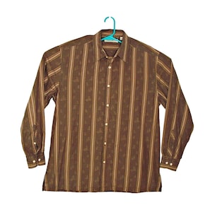 Tommy Bahama Shirt Button Up Mens Large Striped Brown Tan Pineapple Print Cotton