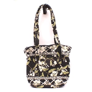 Vera Bradley Black Green Floral Jasmine Retired Tote Bag Quilted Zip Top Pockets