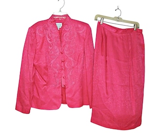 Adrianna Papell Brocade Skirt Suit Set: Hot Pink Silk Blend, Size 10