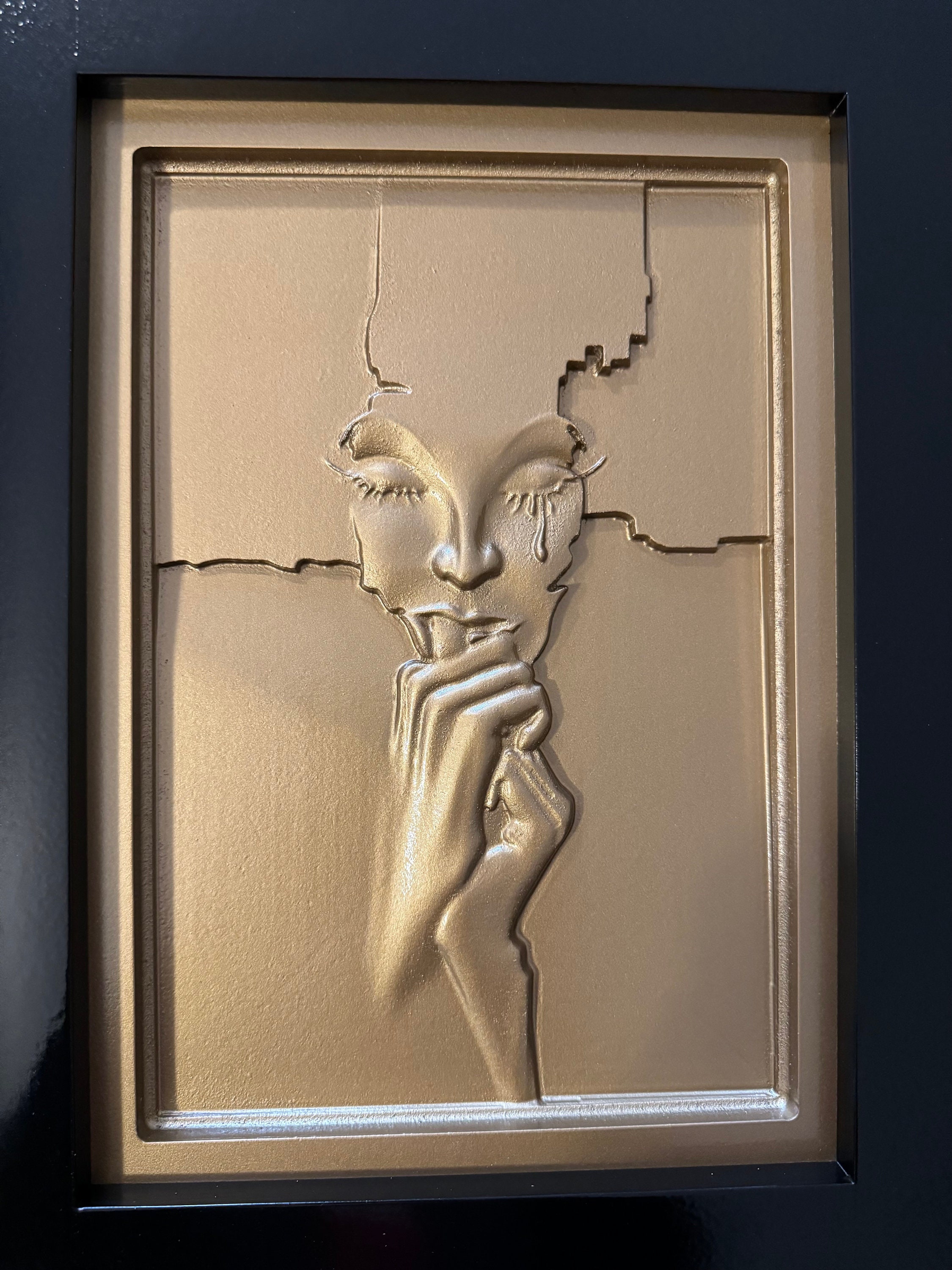 The Crying Girl Wood Sculpture: Bronze Tears, Black Modern Frame - Etsy