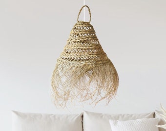 Large Rustic Pendant Light • Woven Frayed Edge Rattan Lampshade • Moroccan Style Ceiling Lighting • Eco Friendly Seagrass Wicker