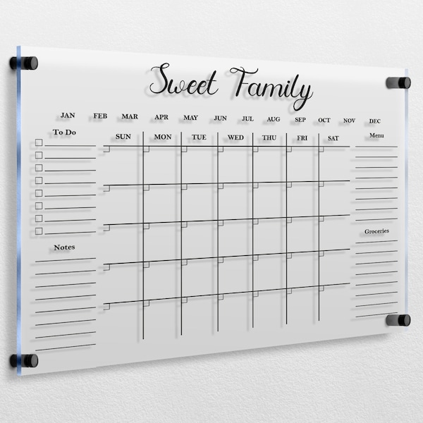 Acryl Familienplaner | Personalisiertes trocken abwischbares Brett | Monats- und Wochenkalender | 2024 Wandkalender | Glas Whiteboard Planer