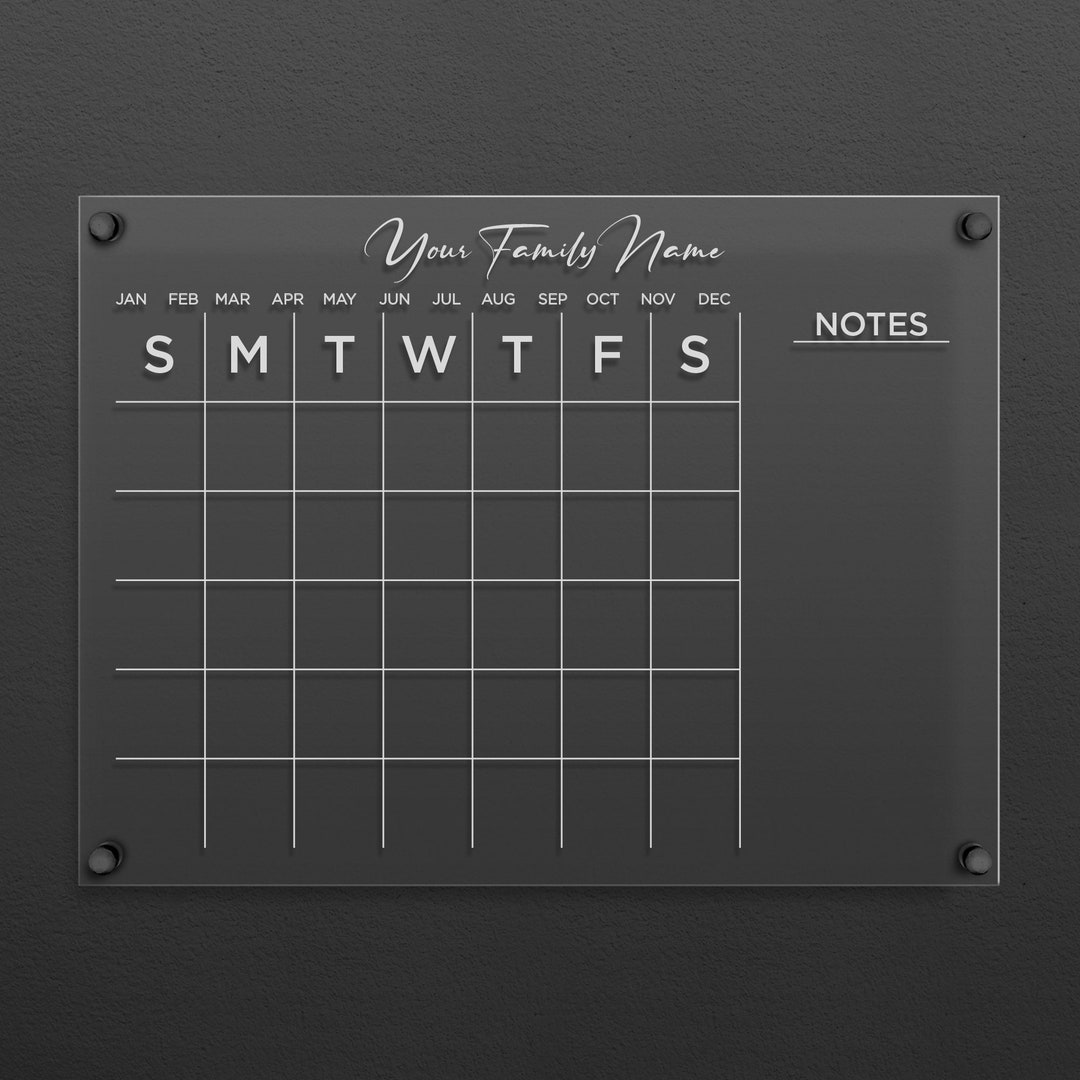WHITE Text Acrylic Calendar for Wall Family Calendar Monthly and Weekly