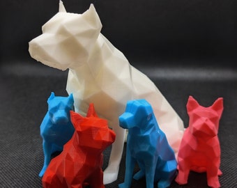 May include: Four low-poly dog figurines, one white, one red, and two blue. The white dog is sitting and the other three are standing.