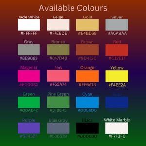 Puede incluir: Un gr&aacute;fico que muestra 16 muestras de color diferentes con sus c&oacute;digos hexadecimales correspondientes. Los colores incluyen blanco jade, beige, oro, plata, gris, bronce, marr&oacute;n, rojo, magenta, rosa, naranja, amarillo, verde, verde pino, cian, azul, morado, gris azulado, negro y blanco marfil.