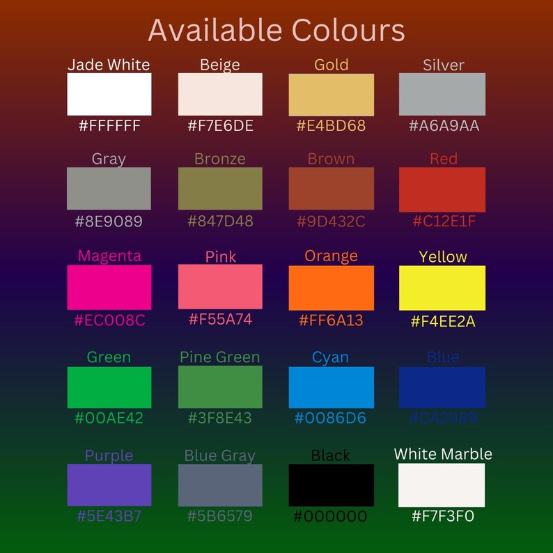 Puede incluir: Un gr&aacute;fico que muestra 16 muestras de color diferentes con sus c&oacute;digos hexadecimales correspondientes. Los colores incluyen blanco jade, beige, oro, plata, gris, bronce, marr&oacute;n, rojo, magenta, rosa, naranja, amarillo, verde, verde pino, cian, azul, morado, gris azulado, negro y blanco marfil.