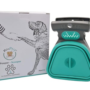 May include: A grey and teal plastic dog poop scooper with a clip. The scooper is labelled "MonPtit Pooper - Scooper" and is for medium and large breeds.