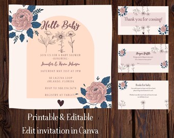 Editable Boho Baby Shower Invitation Set | Boho Gender Neutral Baby Shower Invitation Template set | Hello Baby digital download set