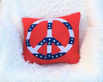 Handmade USA Peace Sign Felt Pillow – Patriotic Home Decor, Red White Blue Accent