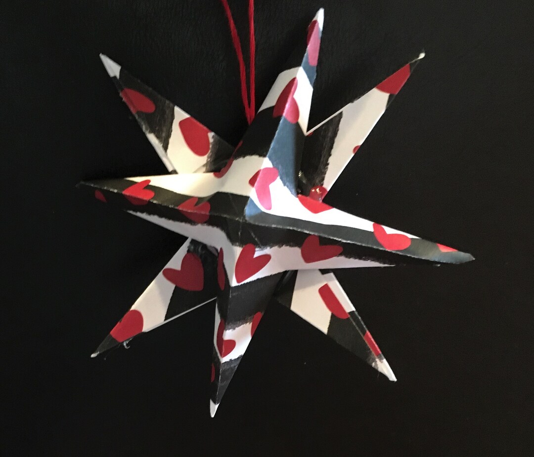 Handmade Origami Star Ornament: Navy, White Stripes, Red Hearts - Etsy