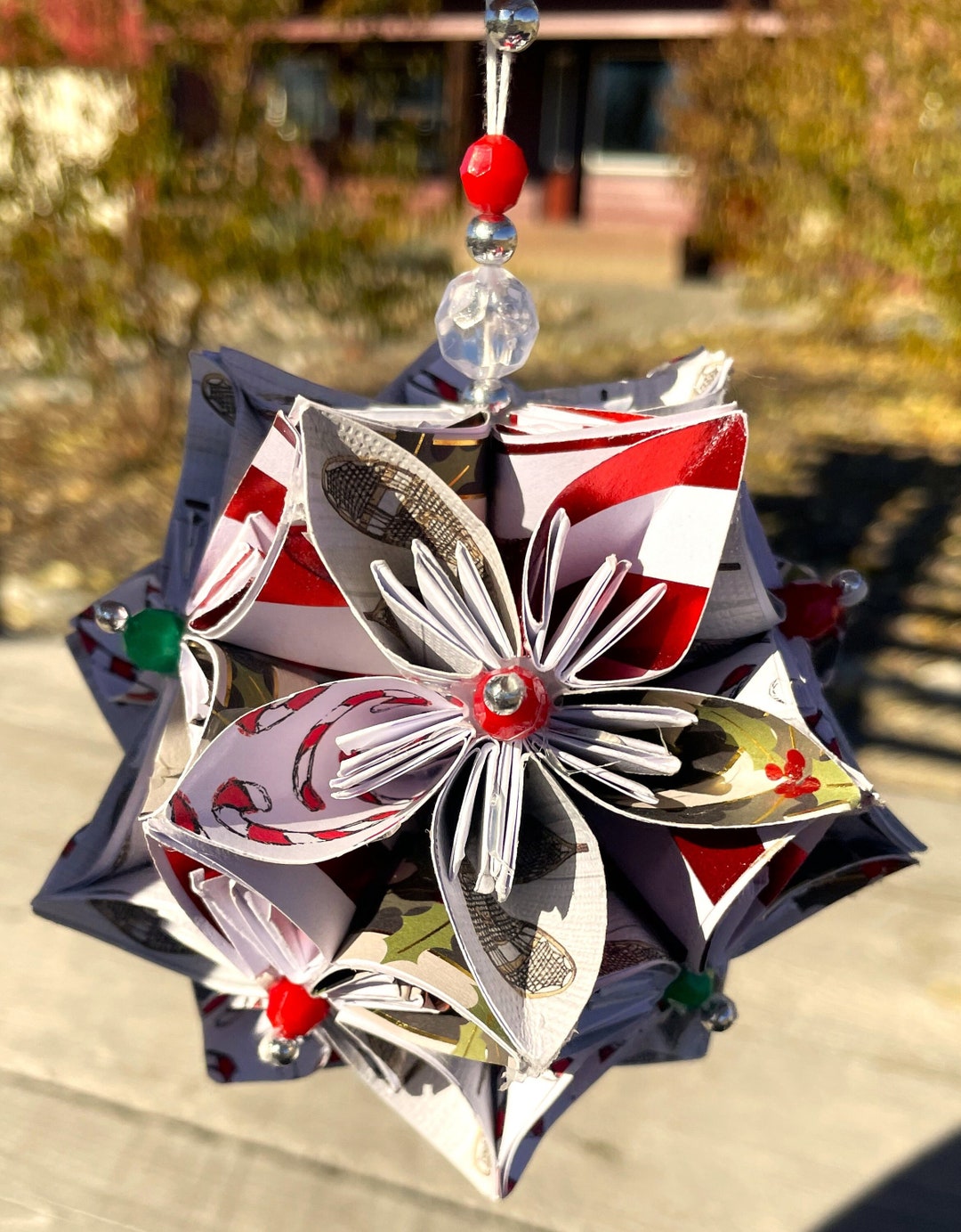 Old School Snowshoes and Candy Canes Under the Mistletoe Origami Globe