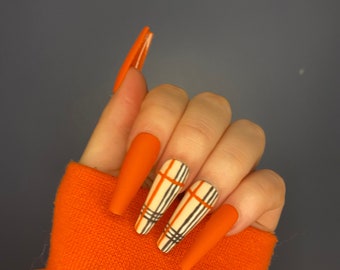 Plaid Nails / Fall Nails / Matte Nails / Press On Nails / Coffin Nails / Thanksgiving Nails