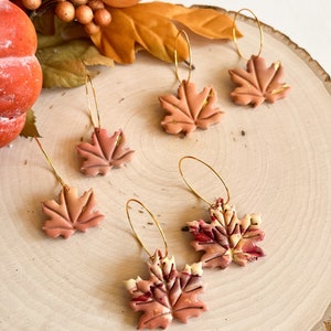 Maple Leaf Hoop Earrings | Leaf Hoop Earrings | Fall Hoops | Autumn Hoops | Red Orange Leaf Earrings