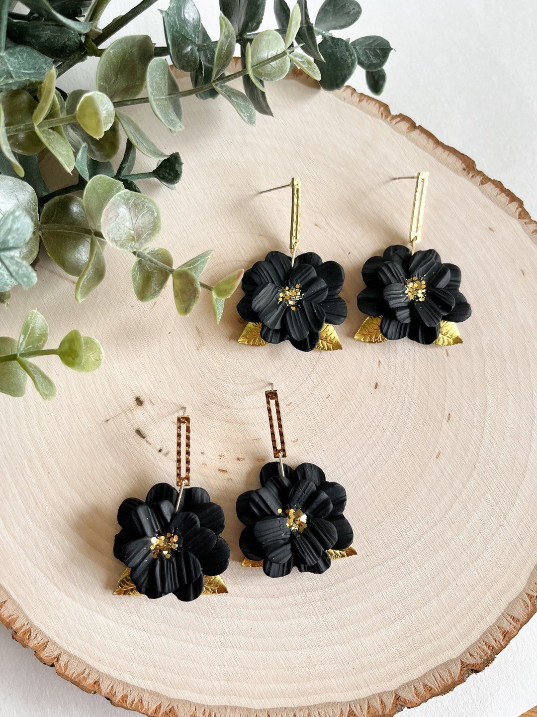 Black Flower Dangle Earrings | Black and Gold Floral  display picture 1