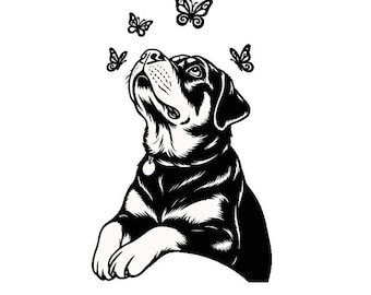 Rottweiler con mariposas SVG, clipart de perro (descarga digital)