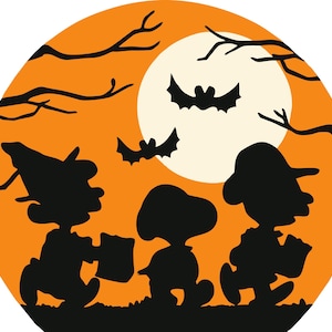 May include: Silhouette image of a Halloween scene with characters, bats, and a full moon. The characters are walking in a row, with a witch hat and Snoopy-like character. The background is orange with tree branches.