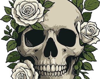 Gothic Skull with White Roses: Tattoo Style Digital Design (SVG, PNG)