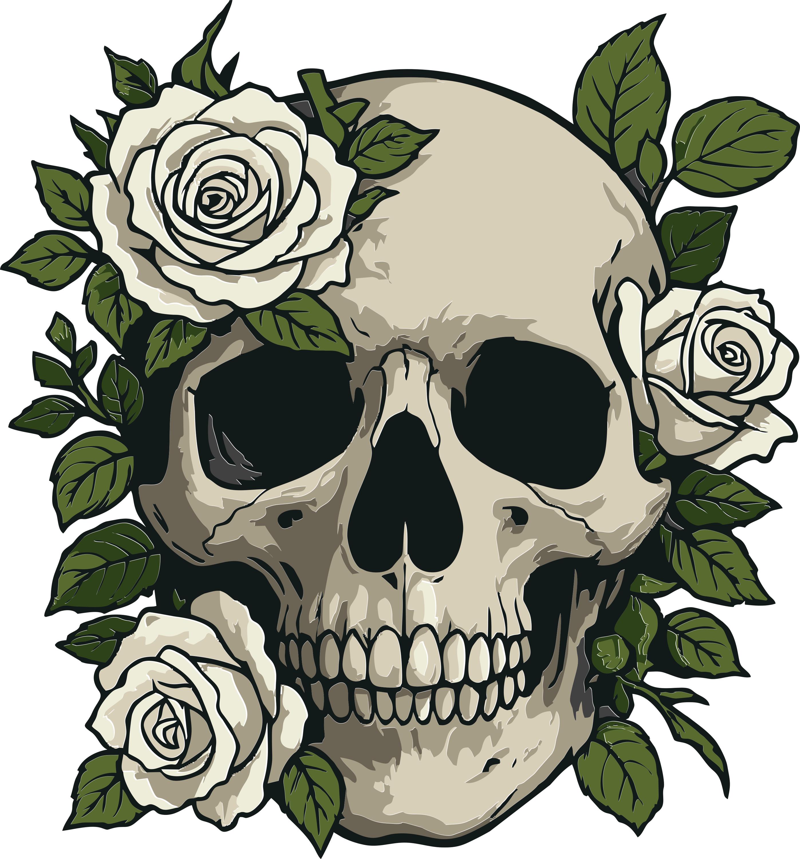 Gothic Skull With White Roses: Tattoo Style Digital Design  display picture 1