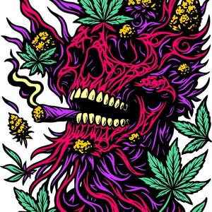 May include: A colourful illustration of a skull smoking a joint, with cannabis leaves and buds. The artwork uses pink, purple, yellow, and green, with a black background. The design is striking and bold, with a clear cannabis theme.