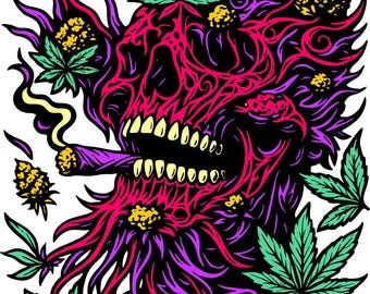 Arte vectorial de calavera de cannabis psicodélico: diseño para festival de fumetas (SVG, PNG, DXF)