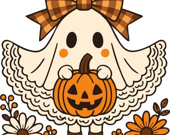Ghost with Pumpkin Clipart – Plaid Bow, Halloween SVG (Digital File)