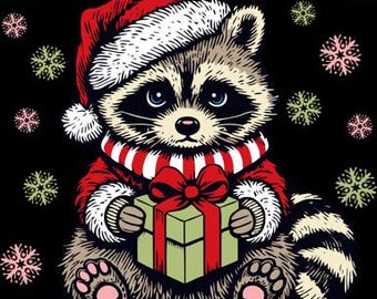 Diseño navideño de mapache de Papá Noel, divertido SVG PNG festivo (descarga digital)