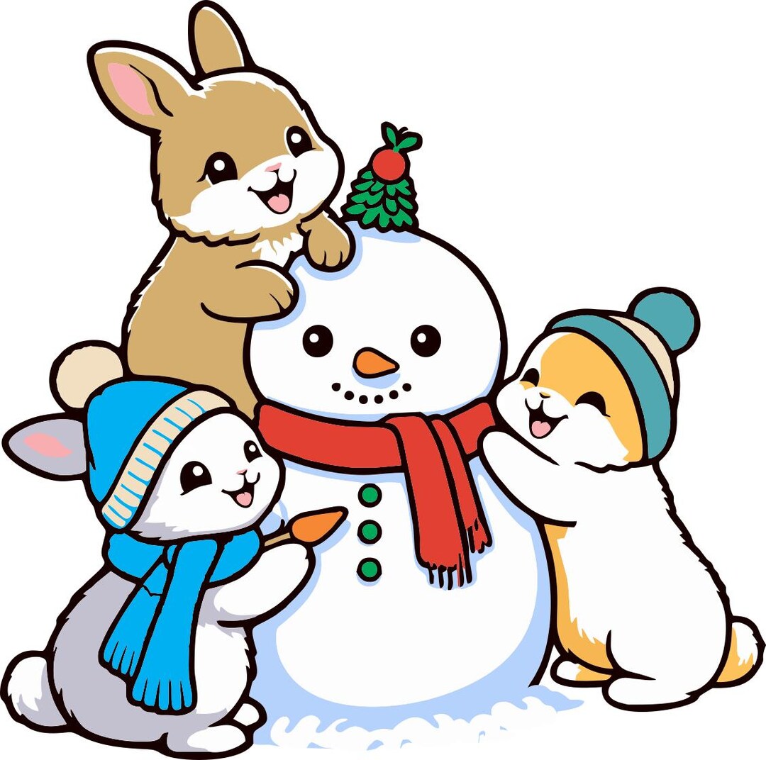 Christmas Bunnies With Snowman SVG PNG DXF Cute Winter Bunny Clipart ...