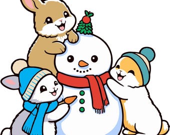 Conejitos navideños con muñeco de nieve SVG PNG DXF Lindo conejito de invierno Clipart Adorable diseño de animal navideño para Cricut Sublimación Manualidades de bricolaje