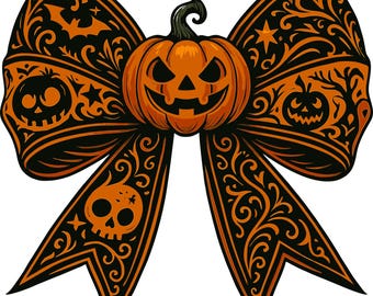 Lazo de calabaza de Halloween SVG: Diseño de Jack-o'-Lantern, calavera y murciélago (descarga digital)