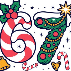 May include: A Christmas-themed illustration with the numbers 67. The number 6 is a candy cane with holly and berries, and the 7 is a Christmas tree with ornaments and a star. Candy canes, bells, and stars complete the design, all set against a white background.