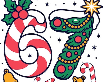 Paquete de imágenes PNG y SVG de Navidad con el número 67: Bastón de caramelo y árbol (descarga digital)