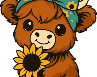 Vaca de las Tierras Altas con Girasol - Clipart de Animales de Granja SVG, PNG, DXF