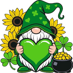 May include: A cartoon illustration of a green gnome holding a green heart, with a white beard and a green hat decorated with shamrocks. Yellow sunflowers and a pot of gold are also featured.