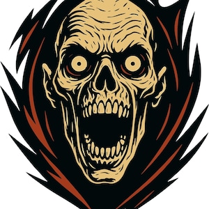 May include: A stylized illustration of a screaming skull with an open mouth, sharp teeth, and glowing red eyes. The skull is tan with black and red accents, set against a black background with jagged edges.
