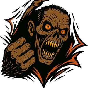 Puede incluir: Ilustración de un zombi marrón con ojos naranjas y dientes afilados, rompiendo un fondo negro y naranja. La mano del zombi se extiende, creando un diseño dinámico y espeluznante.