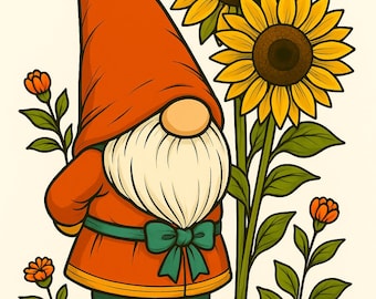 Gnomo de otoño SVG mirando girasoles – Clipart de cosecha de otoño para Cricut y Silhouette Crafts