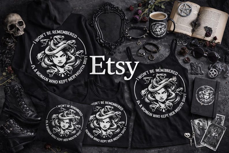 Bold gothic Medusa svg design featuring a fierce woman with snake hair and empowering feminist quote perfect for cricut silhouette cutting machines ideal for shirts hoodies tote bags decals and witchy aesthetic diy crafts high contrast vector style artwork for strong female statement apparel and edgy gothic fashion creations