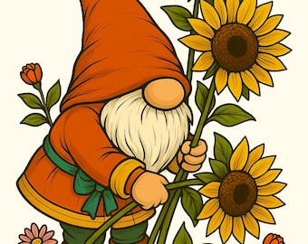 Gnomo de la cosecha SVG recogiendo girasoles Archivo de manualidades de otoño para proyectos de Cricut