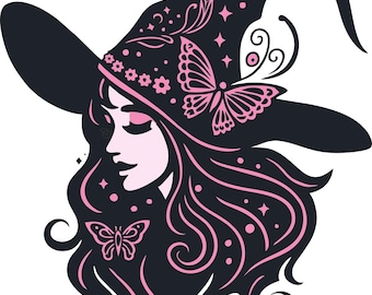 Mariposa gótica rosa con silueta de bruja SVG: Archivos de corte para manualidades (Descarga digital)