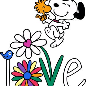 May include: A whimsical illustration featuring Snoopy and Woodstock, with the word "LOVE" spelled out with a blue bird, flowers, and the letters. Snoopy is white with black ears, and Woodstock is yellow. The flowers are white, pink, and rainbow-colored.