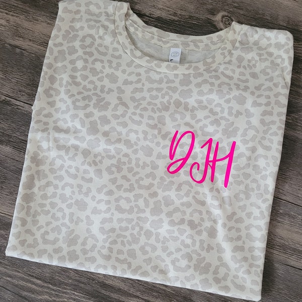 Natural Leopard Monogram T-Shirt, Custom Pocket Monogram Shirt, LAT Cream Leopard Initials Tee, Personalized Gift, Sorority Matching T-Shirt