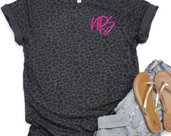 Black Leopard Monogram T-Shirt, Custom Pocket Monogram Shirt, LAT Black Leopard Initials Tee, Personalized Gift For Her, Sorority Matching T