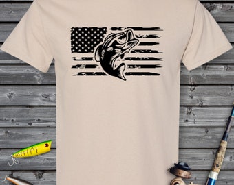 Men's Fishing Shirt, Bass Flag T-Shirt, USA Flag Tee, Bass Fishing Shirt, Sport Fishing Tee, Father's Day Gift, American Fishing T-Shirt