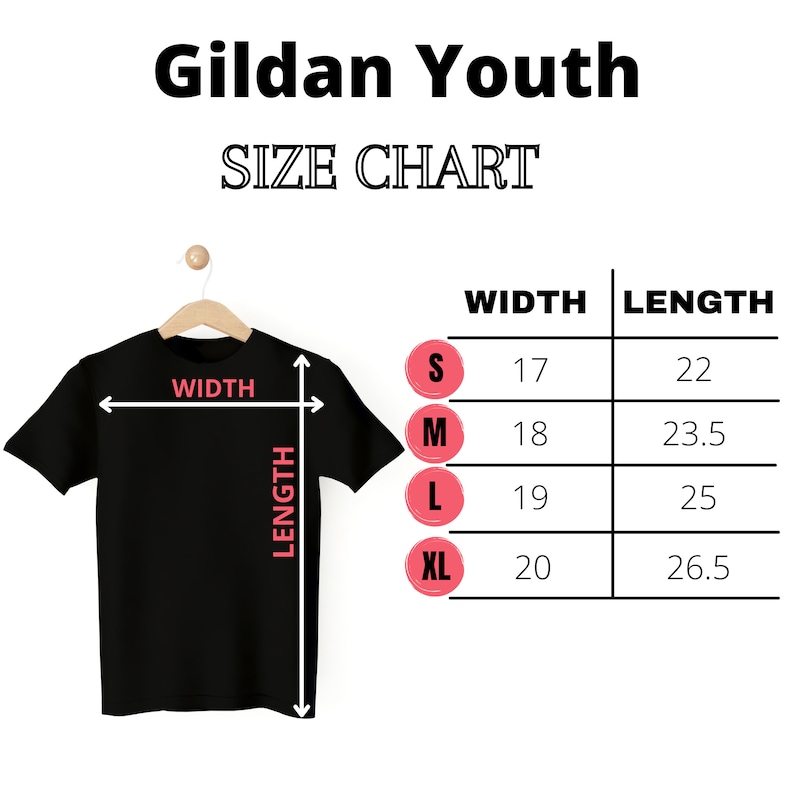 Puede incluir: Tabla de tallas Gildan Youth para camisetas. La tabla muestra las medidas de ancho y largo en pulgadas para las tallas S, M, L y XL.