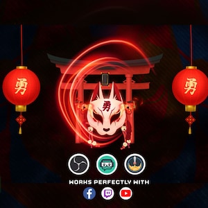 Kitsune Mask Animated Twitch Overlay Package , Japanese Kitsune Red Theme | Screens, Facecam, Alerts, Panels,Stinger Transition, Banner