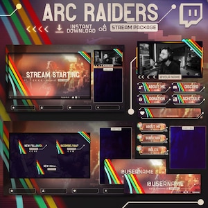 Peut inclure: Un ensemble de flux numérique avec le texte "ARC RAIDERS" et "STREAM PACKAGE". Le design présente un thème sombre avec des accents de rouge, jaune, vert et bleu. Comprend des superpositions pour le chat, les alertes et les informations utilisateur.