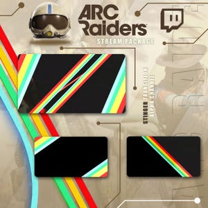 May include: A digital stream package with the text "ARC Raiders" and "Stream Package". The design features a pilot helmet, a Twitch logo, and black rectangles with colorful diagonal stripes in red, yellow, green, and blue.